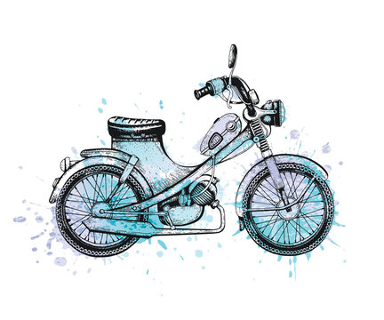 Vintage Motorcycle On Background Of Watercolor Splashes. Vector Hand Drawn Illustration Of Black Motorbike In Engraving Style With Blue And Purple Paint Stains And Splatter