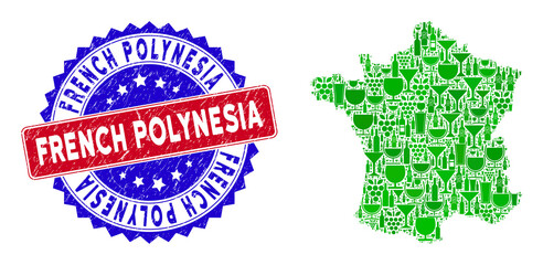 Vector combination of wine France map with grunge bicolor French Polynesia stamp. Red and blue bicolored watermark with grunge surface and French Polynesia word.