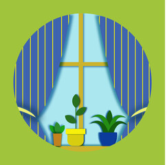 Vector illustration of a window with curtains with flowers in pots on the windowsill. Cozy interior illustration with house plants with paper applique effect. Paper cutout art.