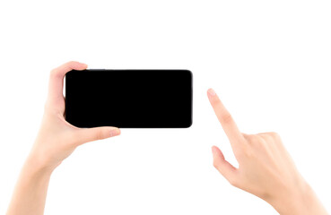 Woman hand holding black smartphone with blank screen isolated on white background.