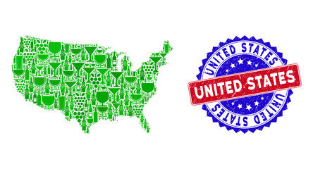 Vector composition of wine United States map with grunge bicolor United States seal. Red and blue bicolored seal with grunge surface and United States text.