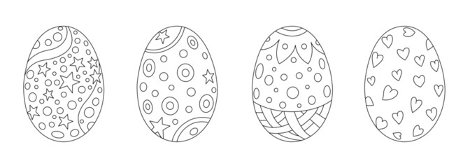 Easter eggs drawn in outline. Easter coloring book. Vector drawings of eggs with patterns. 