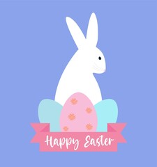 Happy easter postcard. Illustration with cute rabbit and eggs. Vector illustration on a purple background.