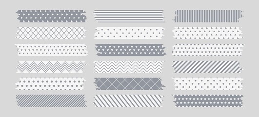 Sticky washi tapes with torn edges. Collection of white and gray ribbons with abstract geometric patterns. Scrapbooking vector illustration.