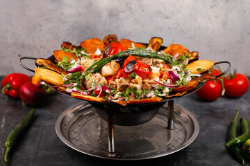 Sadj. Traditional dish of Azerbaijani cuisine. Mix of meat and vegetables. Lamb Meat Saute Coban Kavurma.