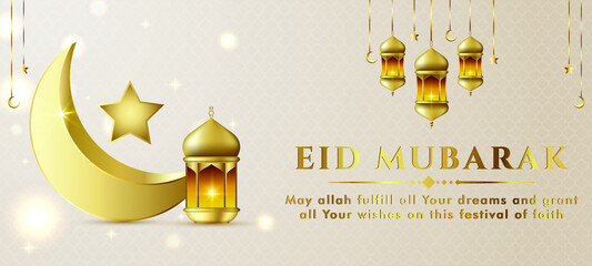 Fototapeta na wymiar Eid Mubarak banner background. Eid Islamic holiday design templates with gold crescent moon.