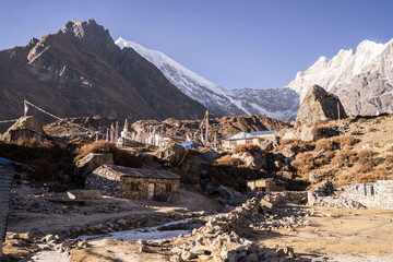 Photographie d'une maison de village de haute montagne dans la vallée du Langtang au Népal