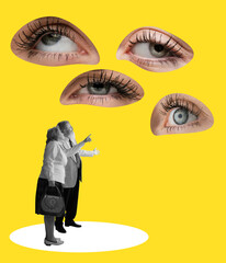Contemporary art collage. Senior couple looking at many eyes, making discussion isolated over...