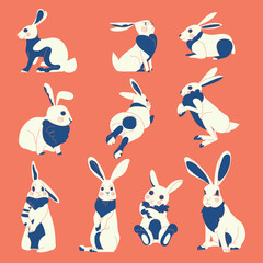 White rabbit vector set in various poses on red background. Animal character in minimal style illustration