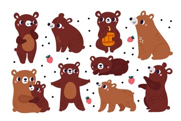 Cartoon brown bear. Funny forest animals. Predatory mammals with honey and berries. Characters in different poses and actions. Cute mother and child. Woodland fauna. Vector grizzlies set