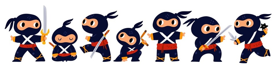 Cartoon ninja character. Japanese warrior mascot. Different poses and actions. Man in black clothes fight with katana. Samurai sword. Shuriken and nunchaku. Vector Asian fighters set © VectorBum