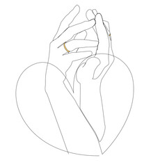 A woman's and a man's hand touch each other, a heart is around them. Drawing with one line.
