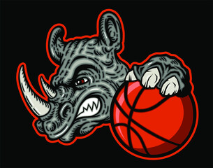 angry rhino mascot holding basketball for school, college or league