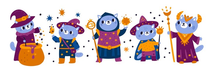 Magic wizard characters. Funny kitten sorcerers in capes and hats. Conjuring or brewing potions. Halloween cats in clothes. Warlocks with staffs and cauldron. Vector magical animals set