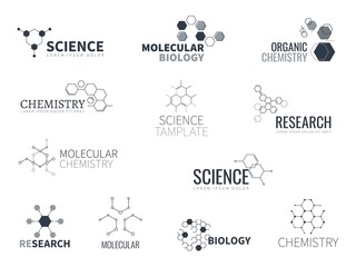 Molecular structure logo. Biological laboratory labels. Chemical connections. Particles constructions. Biology or chemistry research. Scientific text. Vector biotechnology icons set