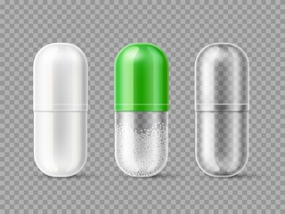 Realistic medical capsules. 3D individual medicine dose packaging mockup. White, color and empty transparent pills. Drug unit. Antibiotic or painkiller. Vector treatment tablets set