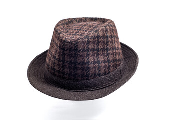 men's brown warm fashionable plaid hat isolated on white background.