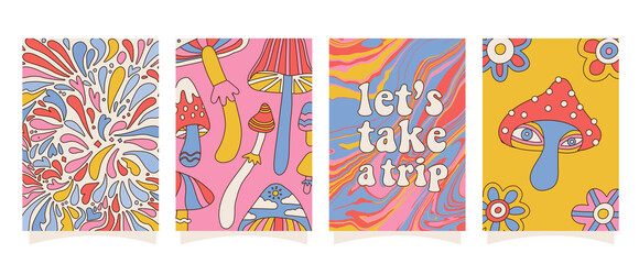 Set of hipster retro cool psychedelic A4 posters. Collection of groovy banners from the 70s with mushrooms and abstract backgrounds. Abstract design of trend vector illustration with Editable stroke.