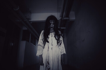 Portrait of asian woman make up ghost,Scary horror scene for background,Halloween festival...