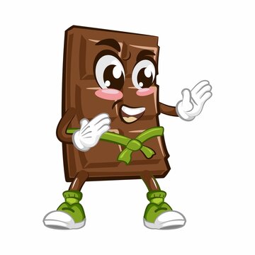 Cute chocolate bar character with funny face being karete fighter, cartoon vector illustration isolated, funny chocolate character, mascot, emoticon