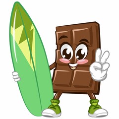Cute chocolate bar character with funny face with surfboard, cartoon vector illustration isolated, funny chocolate character, mascot, emoticon