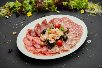 Cold meat platter, ham, sausage, salami, parma, prosciutto, bacon on cutting board with herb and olives over dark background. Meat appetizer, set of wine, close up