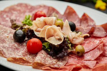 Cold meat platter, ham, sausage, salami, parma, prosciutto, bacon on cutting board with herb and olives over dark background. Meat appetizer, set of wine, close up