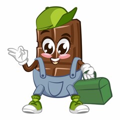 Cute chocolate bar character with funny face being handyman, cartoon vector illustration isolated, funny chocolate character, mascot, emoticon