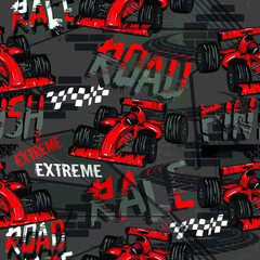 Abstract seamless pattern with sport cars .Bright background with grunge elements for textiles, children's clothes, prints. Pattern for boys © SokolArtStudio