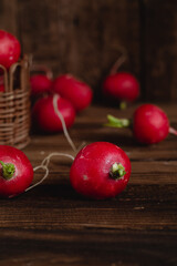 Fresh radish on a wooden table. Vegan concept.