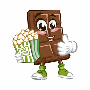 recommend clip art: Cute chocolate bar character with funny face with popcorn, cartoon vector illustration isolated, funny chocolate character, mascot, emoticon