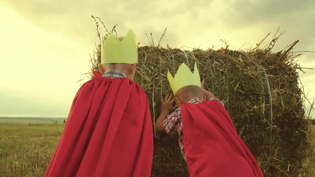 child kid superheroes red capes play haystack field. rural life. boy play kings. village. childhood dream happy boy child. friends travel nature red squares. children adventures golden crown heads.