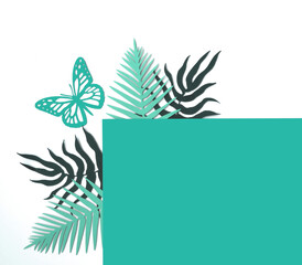Fototapeta na wymiar Turquoise Blue and Green Tropical Leaves on a White Background. Simple Modern Composition with Paper Cut Palm Tree Leaves, Frame and Butterfly ideal for Card, Banner, Greetings. Top-Down View.No text.
