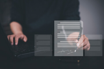 Signing electronic documents on digital documents Online, businessman with contract Electronic signature, e-signing, digital document management, paperless office, signing business contract concept,