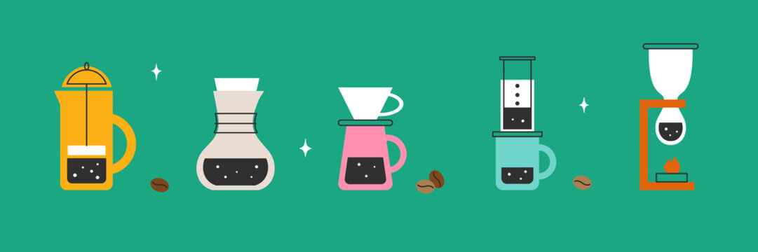 Coffee brewing methods vector icons set. French press, chemex, pour over or hario, aeropress, siphon or vacuum pot. Different types of coffee makers. Specialty coffeehouse, barista tools illustration