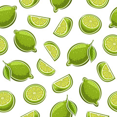 Vector Lime Seamless Pattern, repeating background with set of cut out illustrations whole natural limes with leaves, group of sliced ripe fruits, chopped limes on white background for wrapping paper