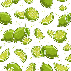 Vector Lime Seamless Pattern, repeating background with set of cut out illustrations natural limes with leaves, group of fruity still life, chopped segment limes on white background for wrapping paper