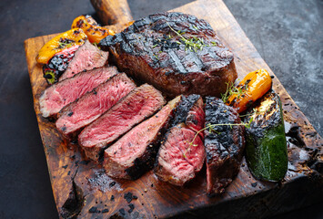 Traditional barbecue dry aged wagyu rib-eye beef steaks served with paprika and zucchini as...