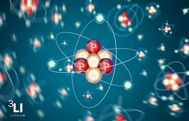 3D model of Lithium (3LI) molecule. Lithium is highly reactive and flammable, pure form is a soft, silvery white metal. It belongs to the group of alkali metals (lithowires). 3D rendering.