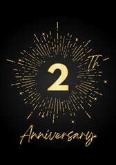 Fototapeta premium 2 years golden anniversary logo celebration with a firework on black background. 2 years anniversary card template. vector design for greeting cards, birthday, wedding events, and invitation card