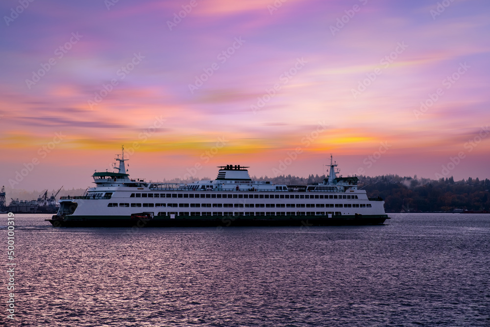 Wall mural seattle, washington, usa, elliot bay in seattle with ferry at sunset washington state,