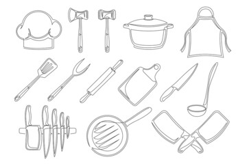 Set of continuous one line drawing of a kitchen elements. Cooking elements isolated on a white background. Vector illustration