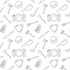 Set of continuous one line drawing of a kitchen elements. Seamless pattern. Cooking elements isolated on a white background. Vector illustration