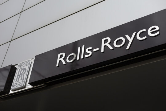 Prague, Czech Republic - April 7, 2022: Rolls Royce - Logo and brand of car manufacturer. Shallow focus.