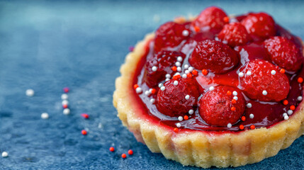 Cake with raspberries, shortcrust pastry basket. Baking, sweet unhealthy food.