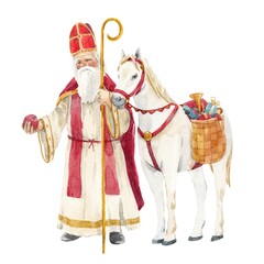 Beautiful christmas composition with cute hand drawn watercolor saint nocolas and white horse with gifts . Stock illustration.