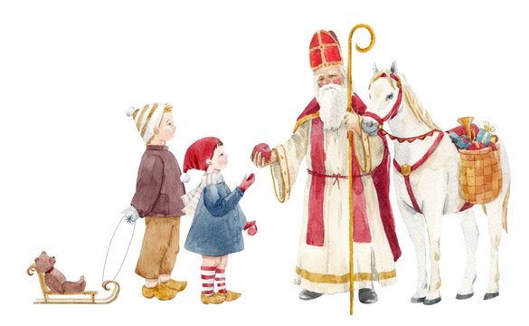 Beautiful christmas compositionwith cute hand drawn watercolor children with sledge and Saint Nicolas with white horse. Stock illustration.