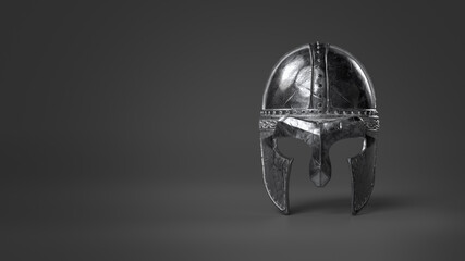 Medieval knight helmet on a gray background. 3D rendering, illustration