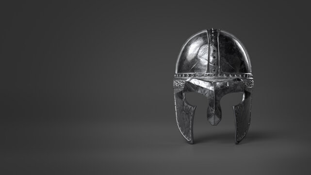 Medieval knight helmet on a gray background. 3D rendering, illustration