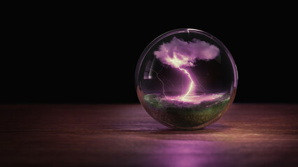 3D rendering, illustration of a thunderstom happening inside a tiny sphere or terrarium.